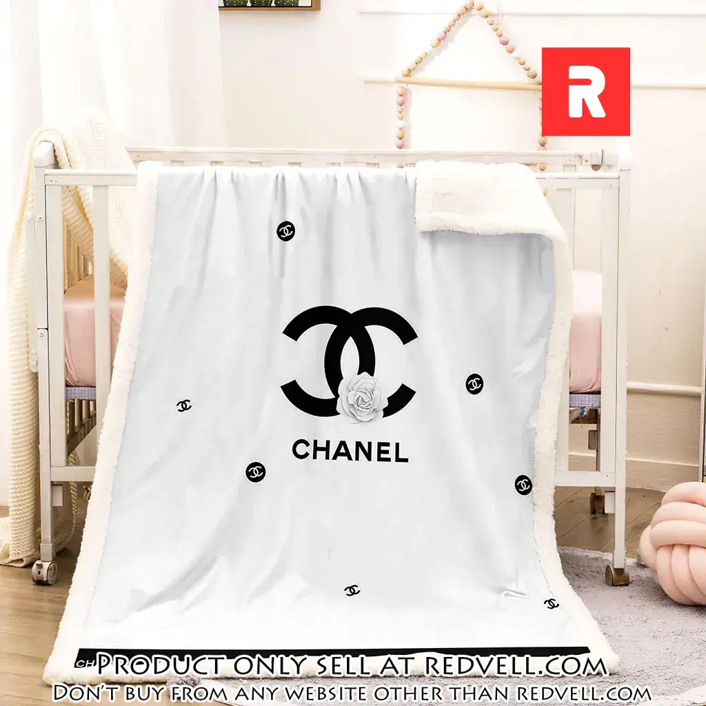 Chanel white roses black logo luxury brand premium blanket fleece home decor rv3906745